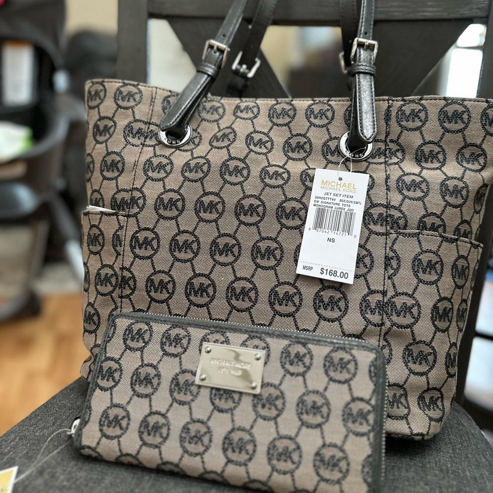 Michael Kors Jet Set Signature Monogram Tote with Wallet